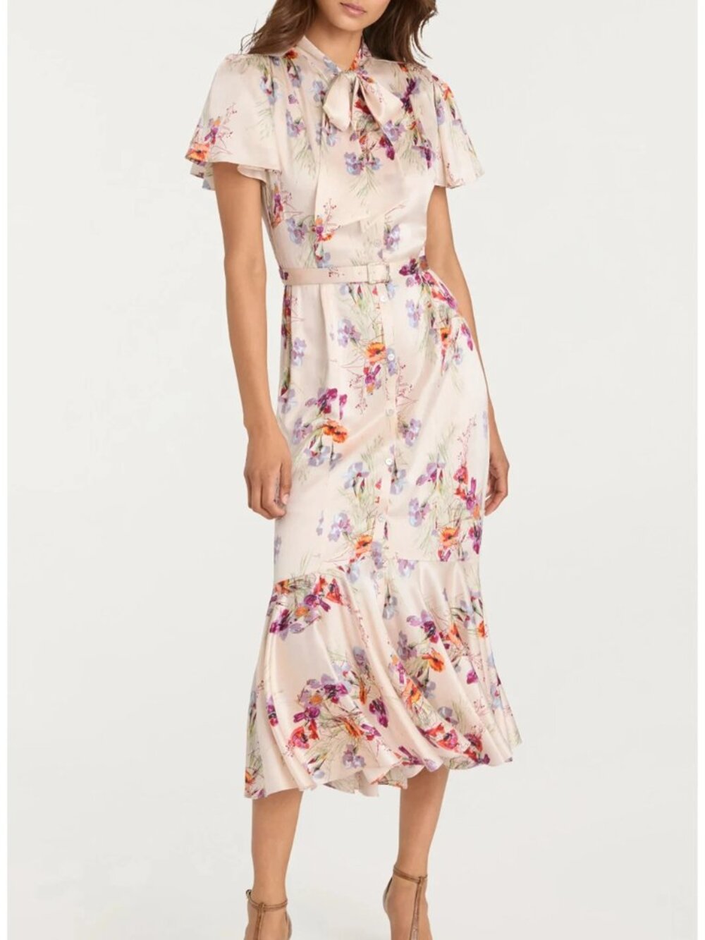 Cinq a Sept Iris Bouquet Willow Tie Neck Midi Dress